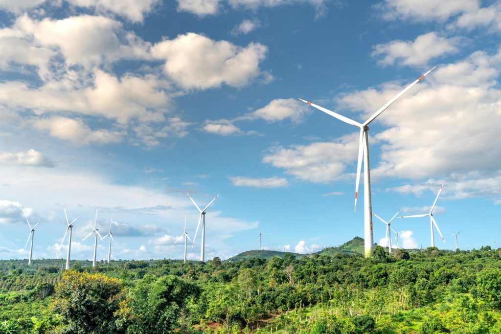 Windkraftanlagen auf einem üppig grünen Feld unter dramatisch bewölktem Himmel – ein Beispiel für erneuerbare Energien.
